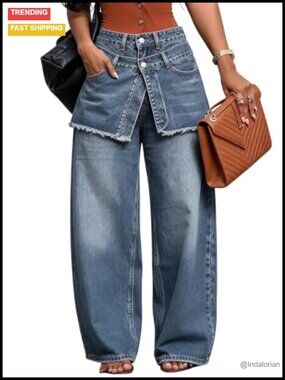 Women's Baggy Wide Leg Jeans Patchwork Denim Skirt Pants High Rise Utility